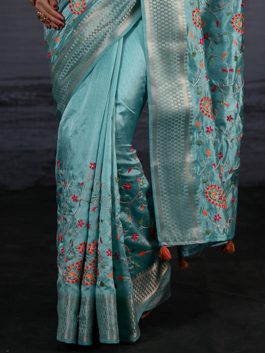 Libas Blue Paisley Embroidered Silk Blend Saree