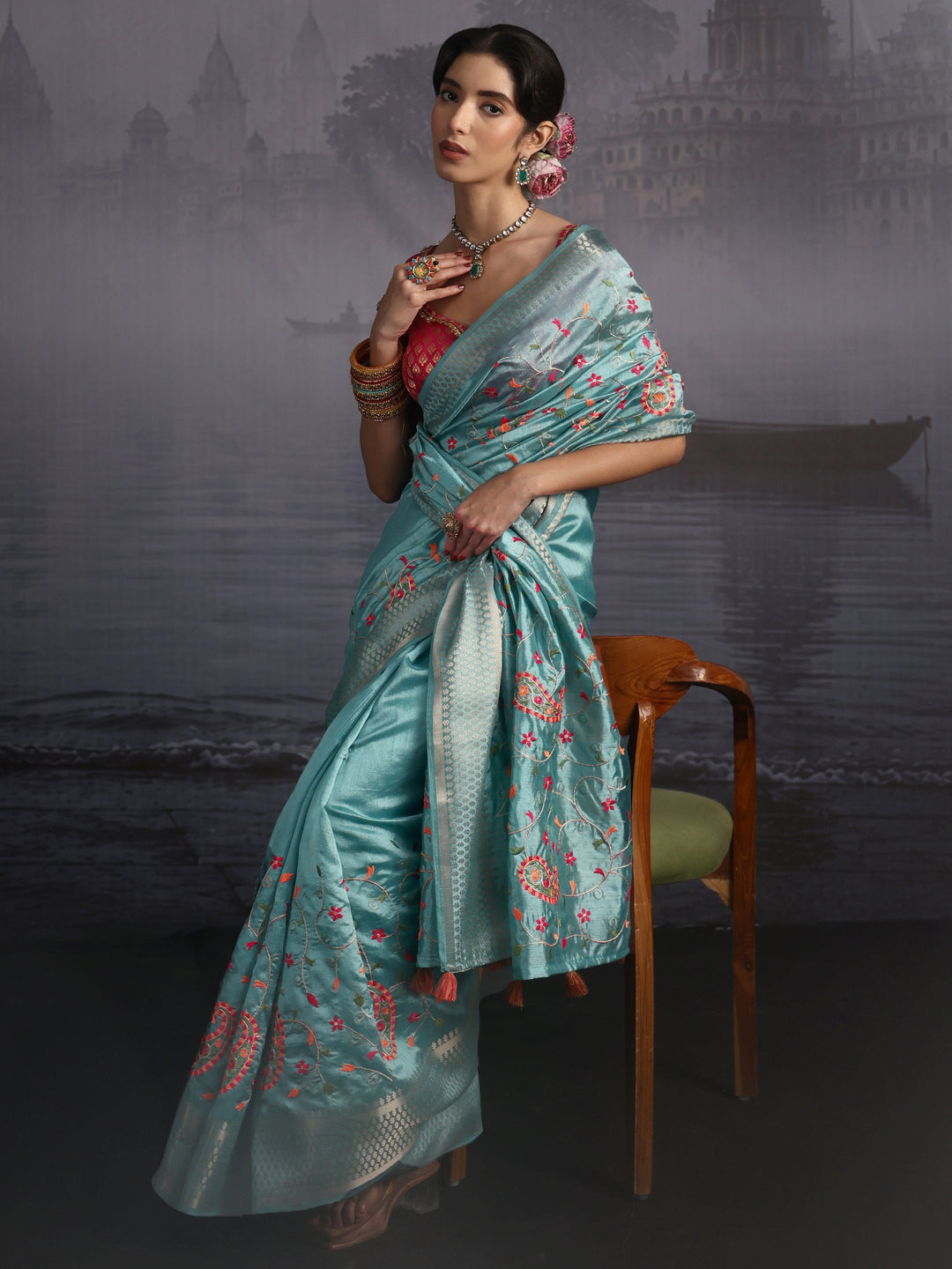 Libas Blue Paisley Embroidered Silk Blend Saree
