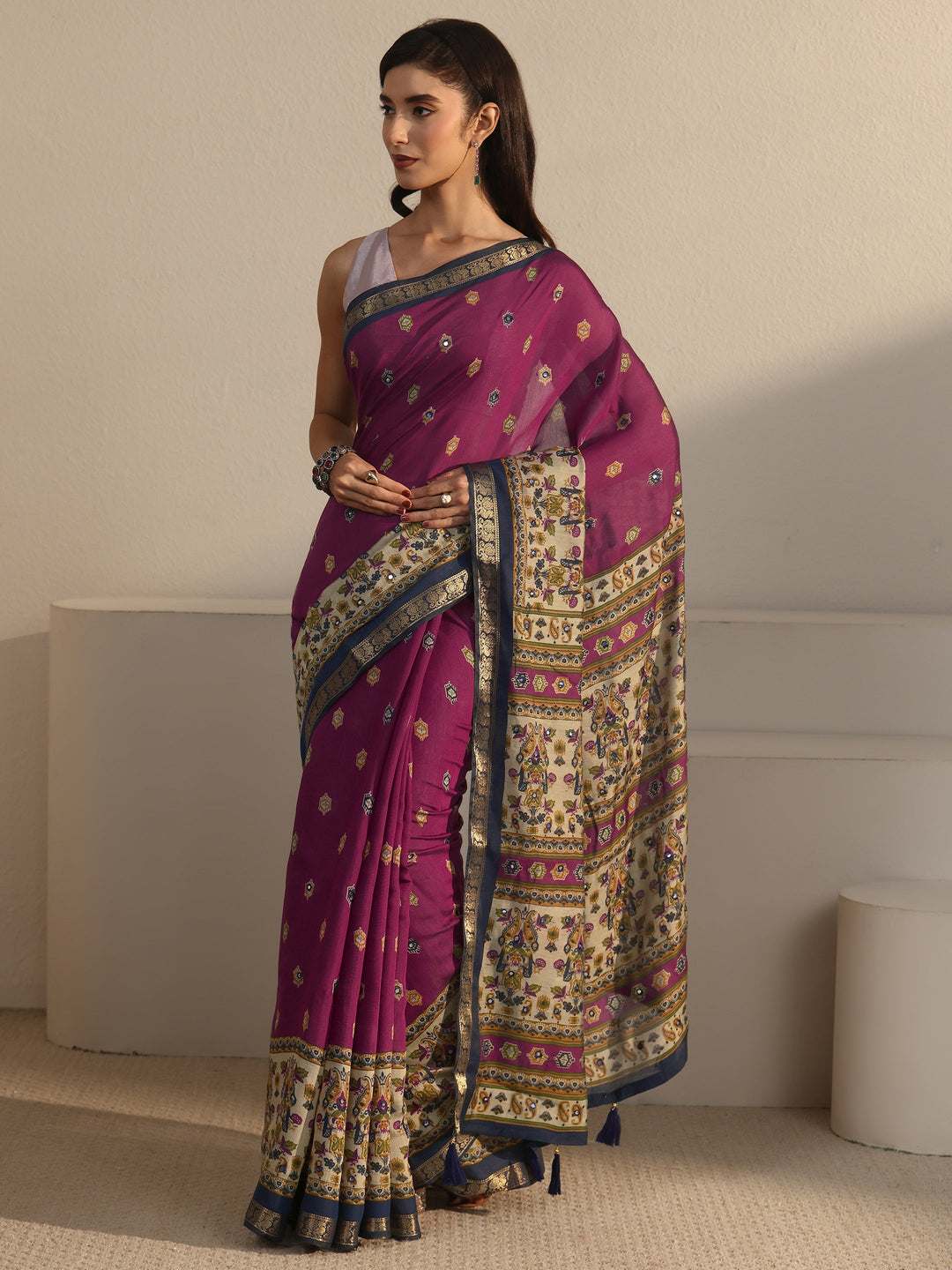 Libas Purple and Blue Printed Mirror Work Silk Blend Tassel Saree