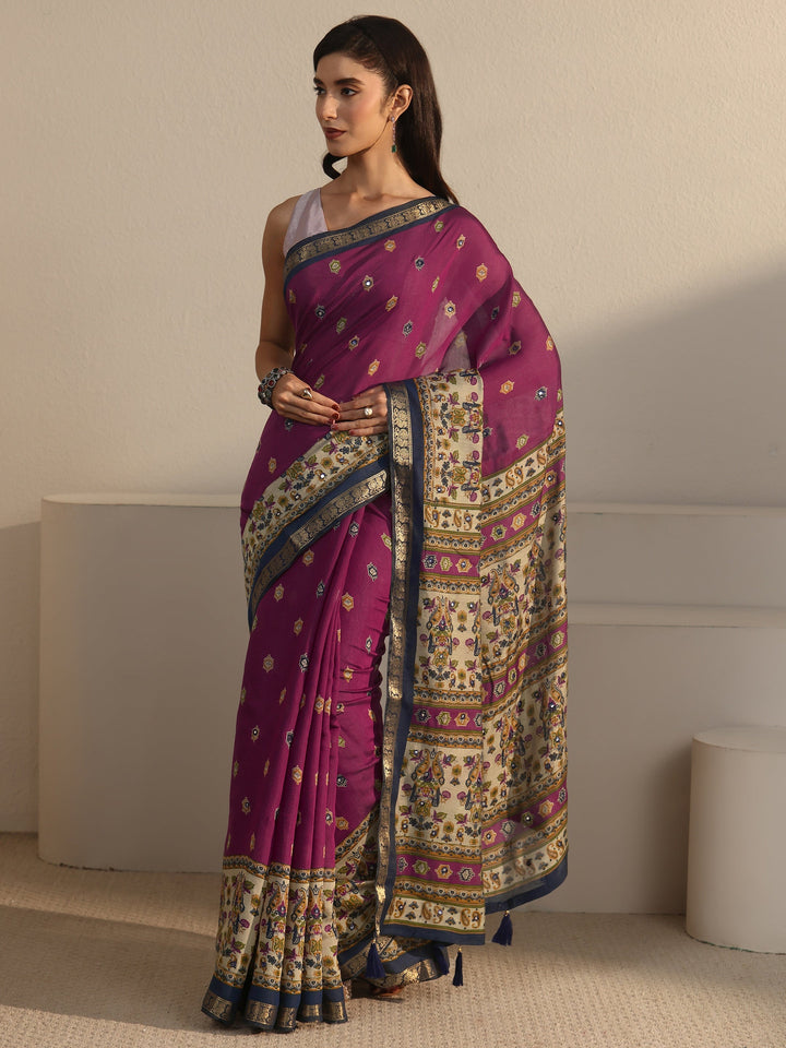 Libas Purple and Blue Printed Mirror Work Silk Blend Tassel Saree