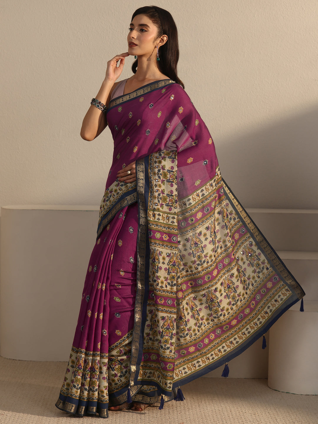 Libas Purple and Blue Printed Mirror Work Silk Blend Tassel Saree
