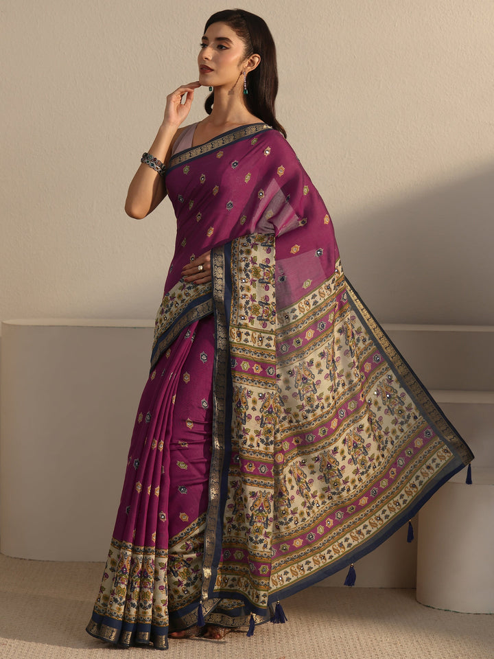 Libas Purple and Blue Printed Mirror Work Silk Blend Tassel Saree