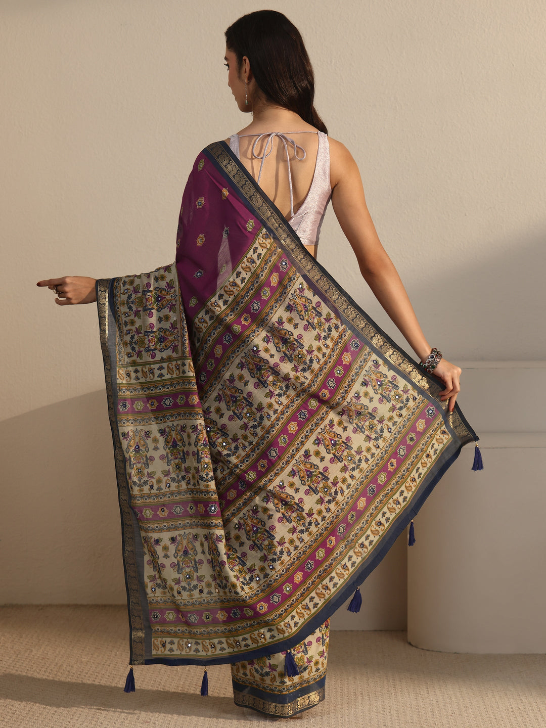 Libas Purple and Blue Printed Mirror Work Silk Blend Tassel Saree