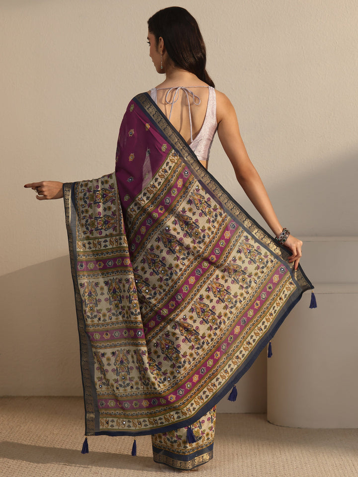 Libas Purple and Blue Printed Mirror Work Silk Blend Tassel Saree