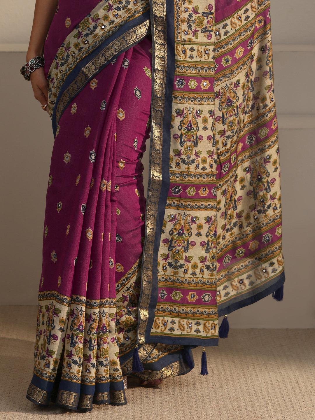 Libas Purple and Blue Printed Mirror Work Silk Blend Tassel Saree
