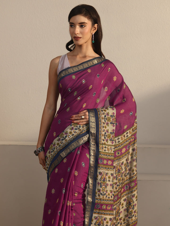 Libas Purple and Blue Printed Mirror Work Silk Blend Tassel Saree