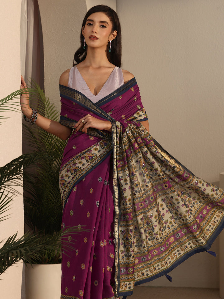 Libas Purple and Blue Printed Mirror Work Silk Blend Tassel Saree