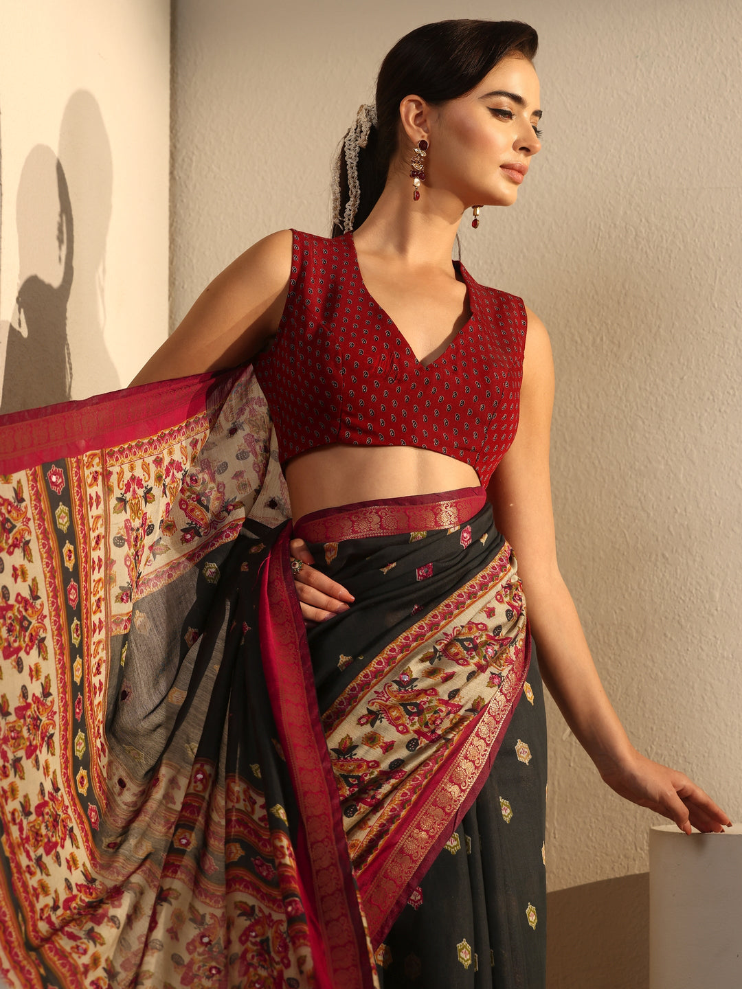 Libas Black and Red Printed Mirror Work Silk Blend Tassel Saree