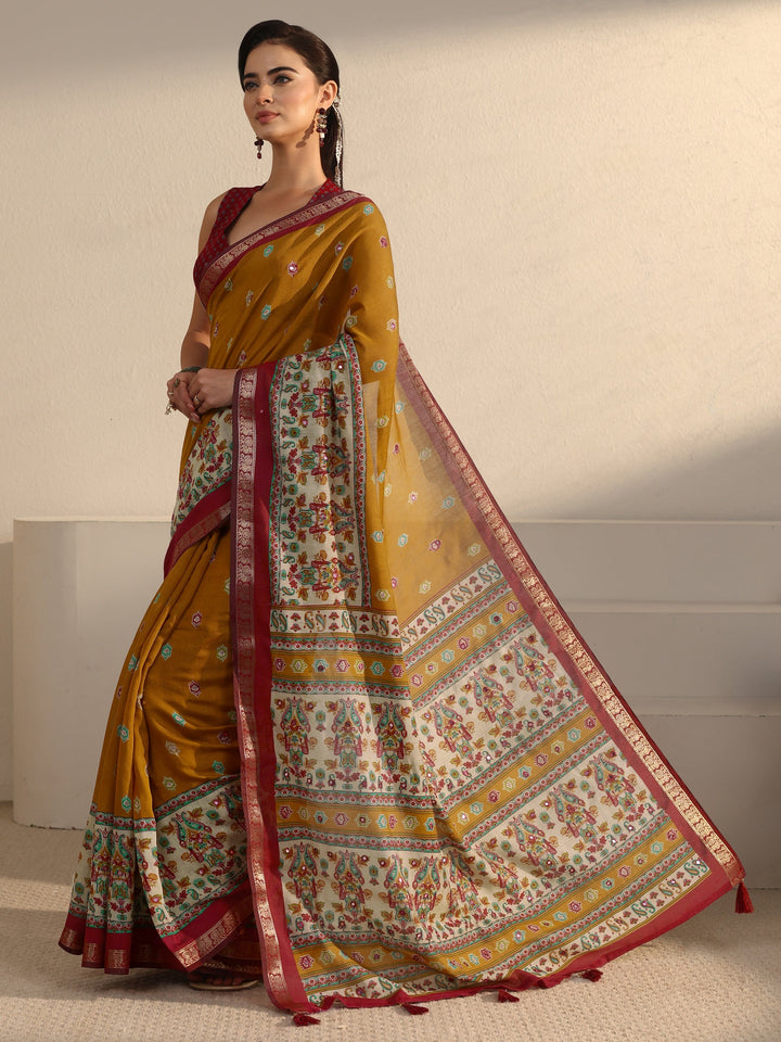 Libas Mustard and Red Printed Mirror Work Silk Blend Tassel Saree