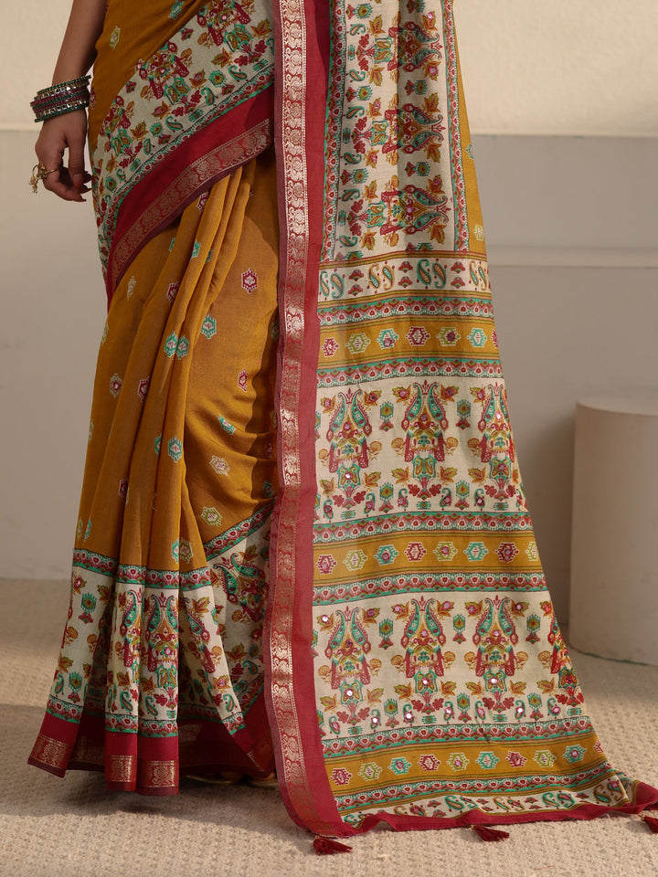 Libas Mustard and Red Printed Mirror Work Silk Blend Tassel Saree