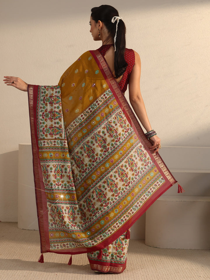 Libas Mustard and Red Printed Mirror Work Silk Blend Tassel Saree