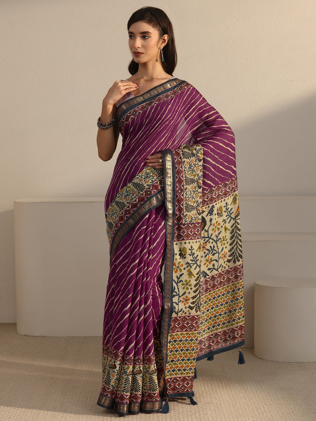 Libas Purple and Blue Leheriya Printed Silk Blend Tassel Saree