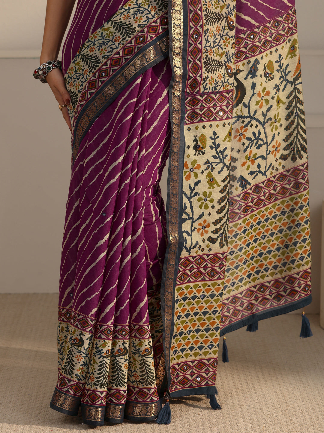 Libas Purple and Blue Leheriya Printed Silk Blend Tassel Saree