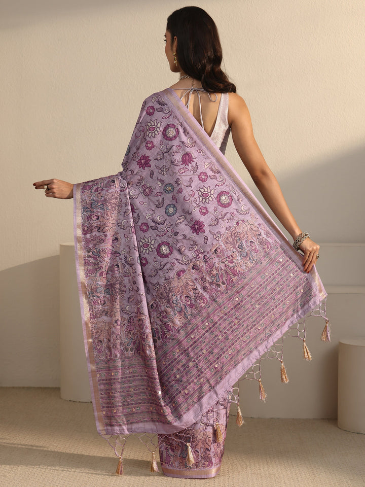 Libas Lavender Floral Printed Silk Blend Tassel Saree