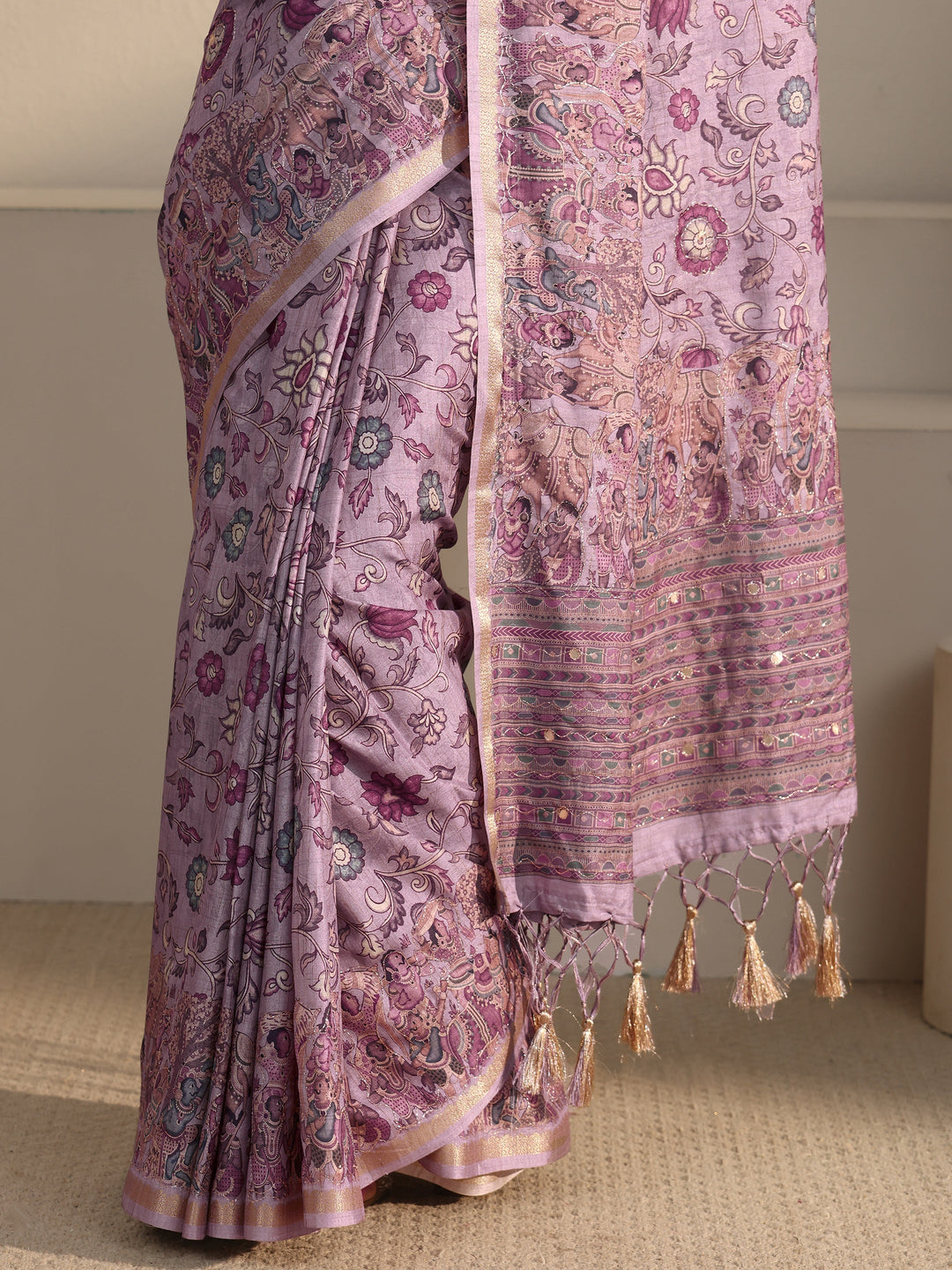 Libas Lavender Floral Printed Silk Blend Tassel Saree