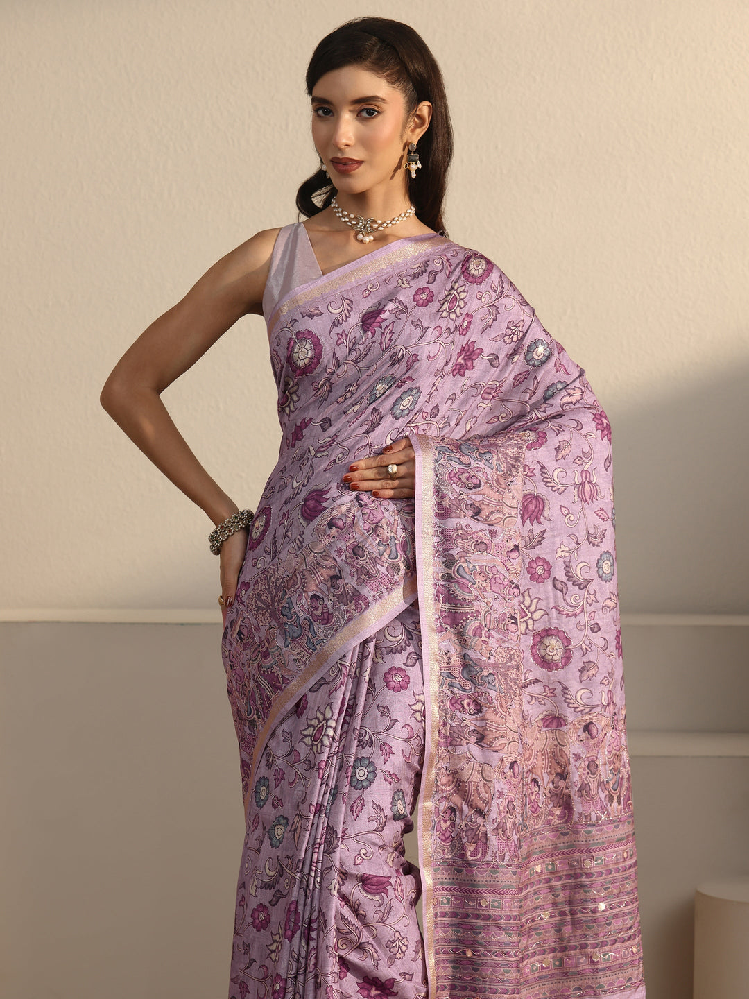 Libas Lavender Floral Printed Silk Blend Tassel Saree