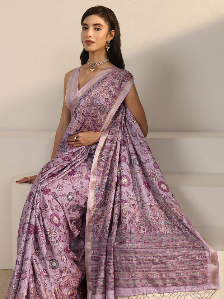 Libas Lavender Floral Printed Silk Blend Tassel Saree