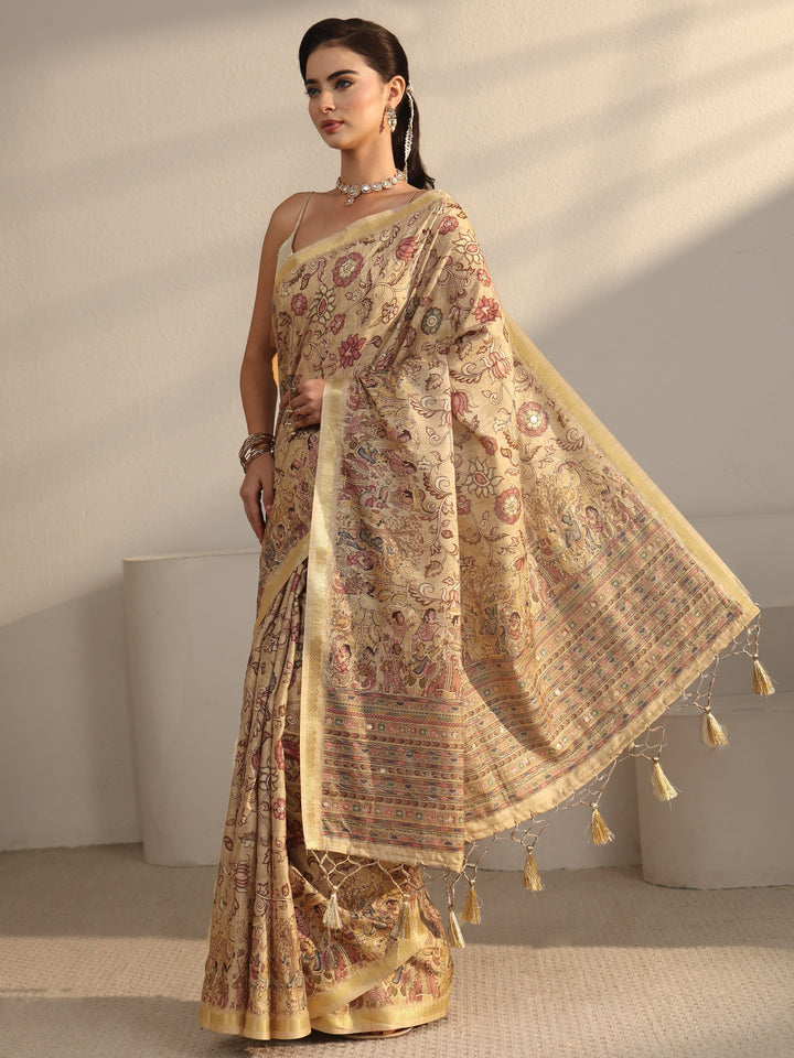 Libas Beige Floral Printed Silk Blend Tassel Saree