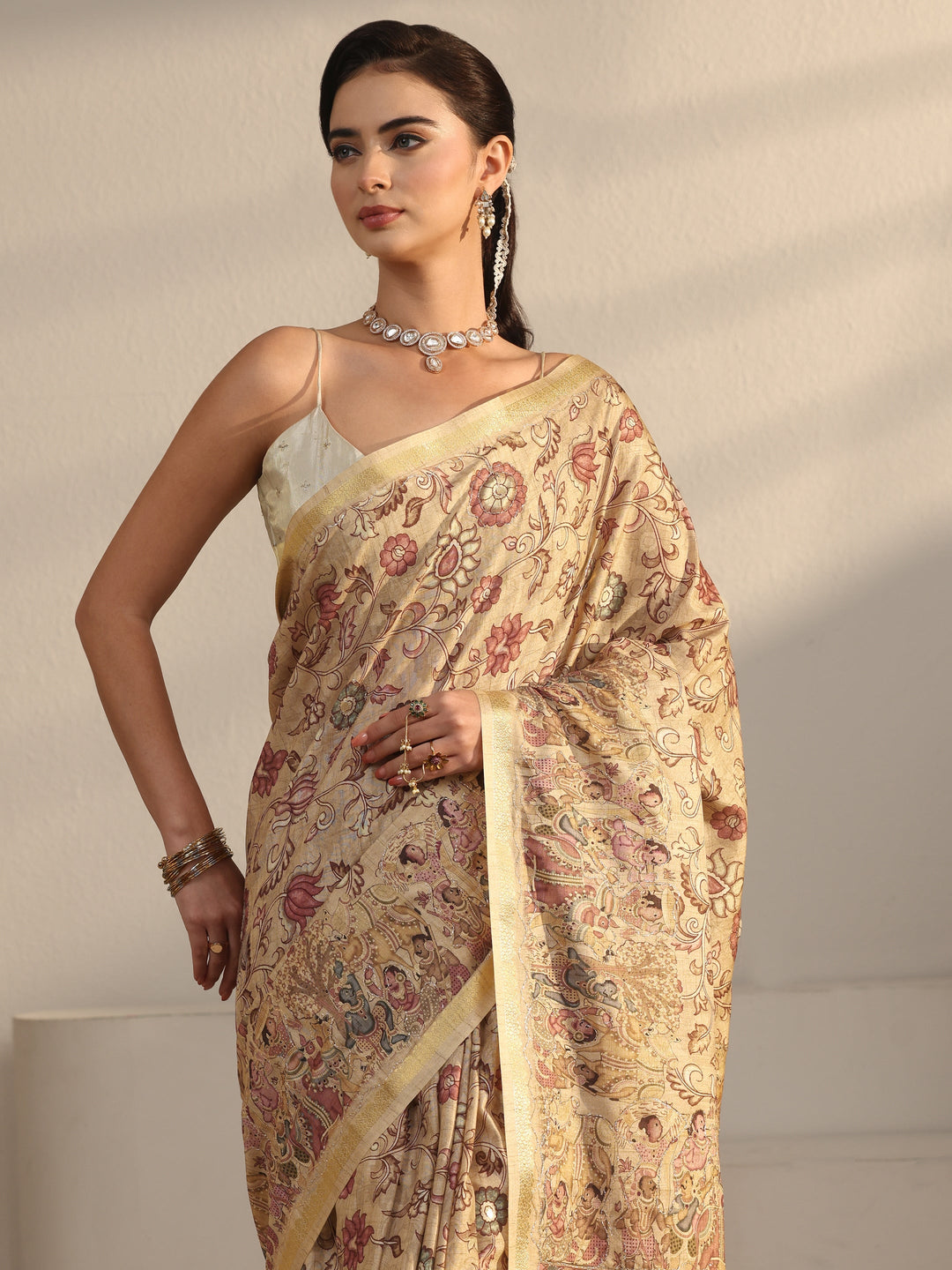 Libas Beige Floral Printed Silk Blend Tassel Saree