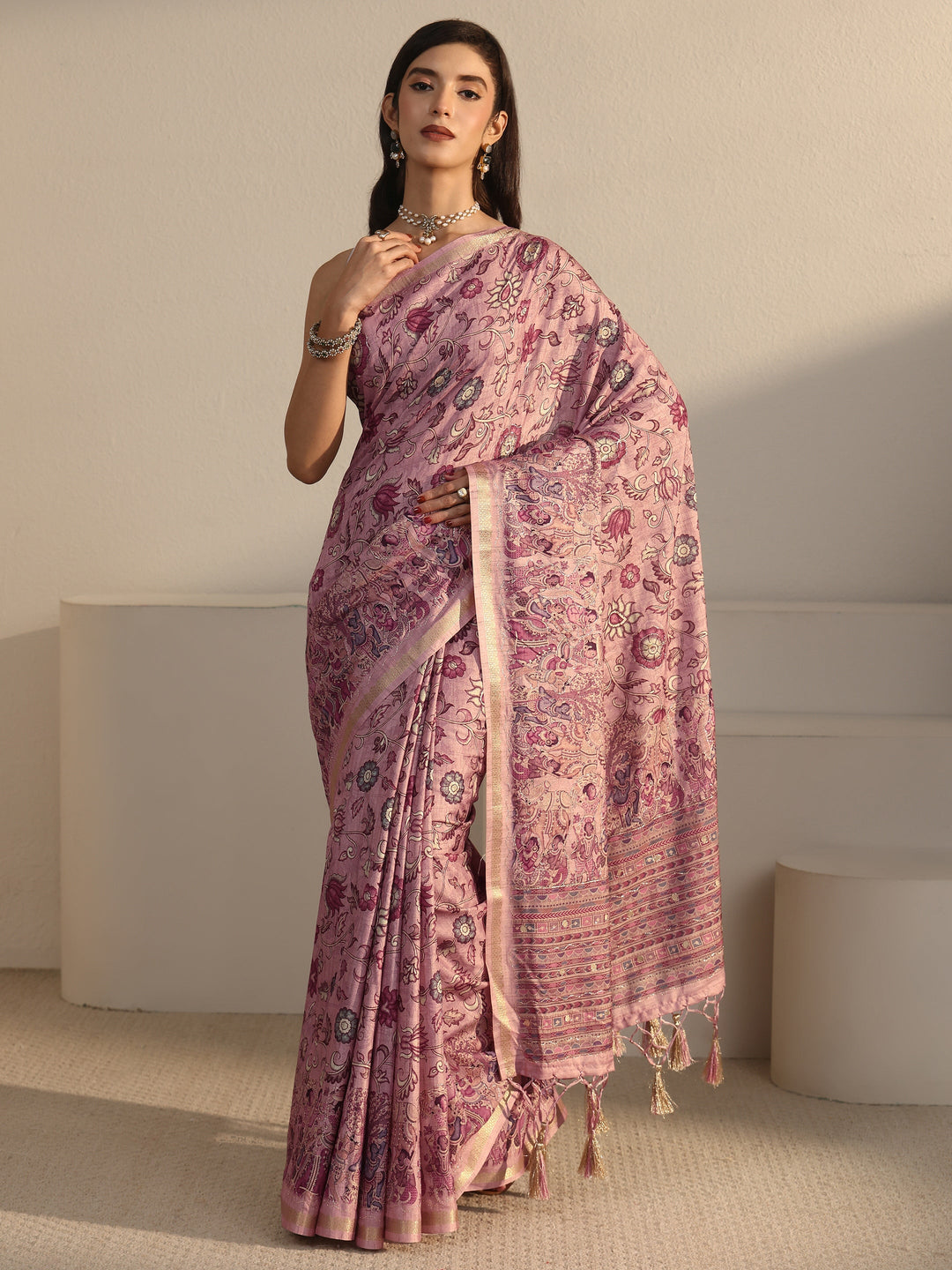 Libas Rose Pink Floral Printed Silk Blend Tassel Saree