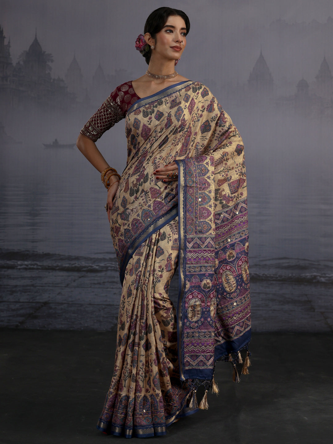Libas Beige Mughal Printed Silk Blend Saree