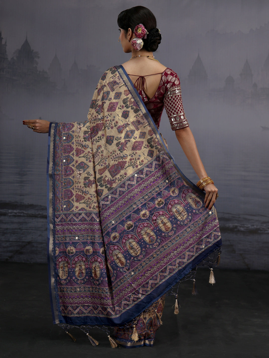 Libas Beige Mughal Printed Silk Blend Saree