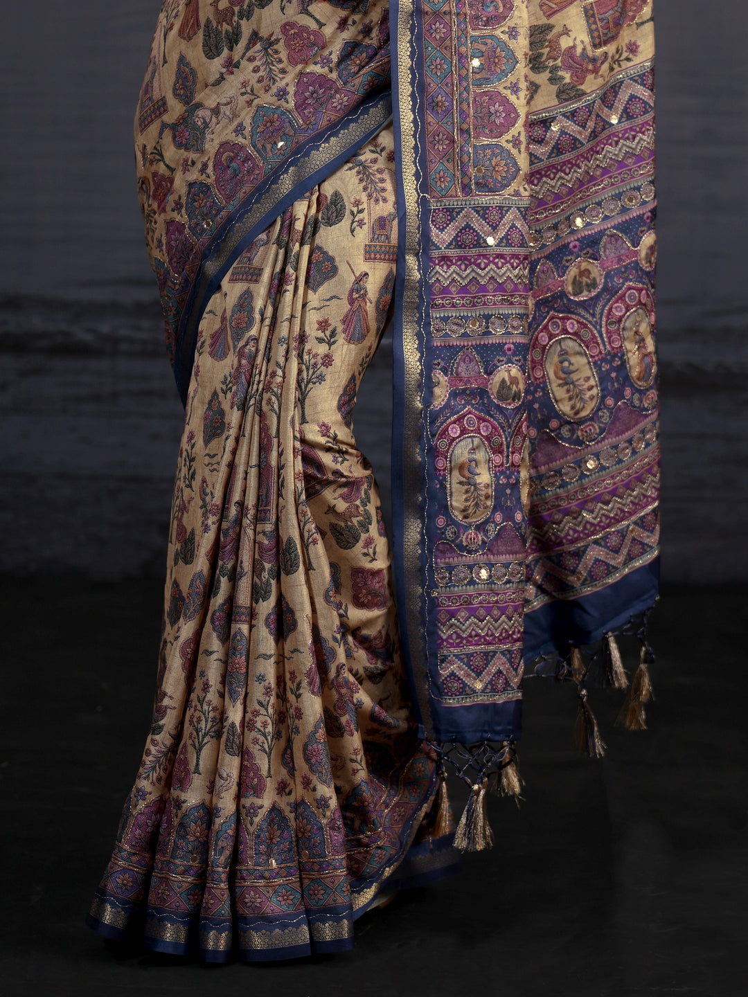 Libas Beige Mughal Printed Silk Blend Saree