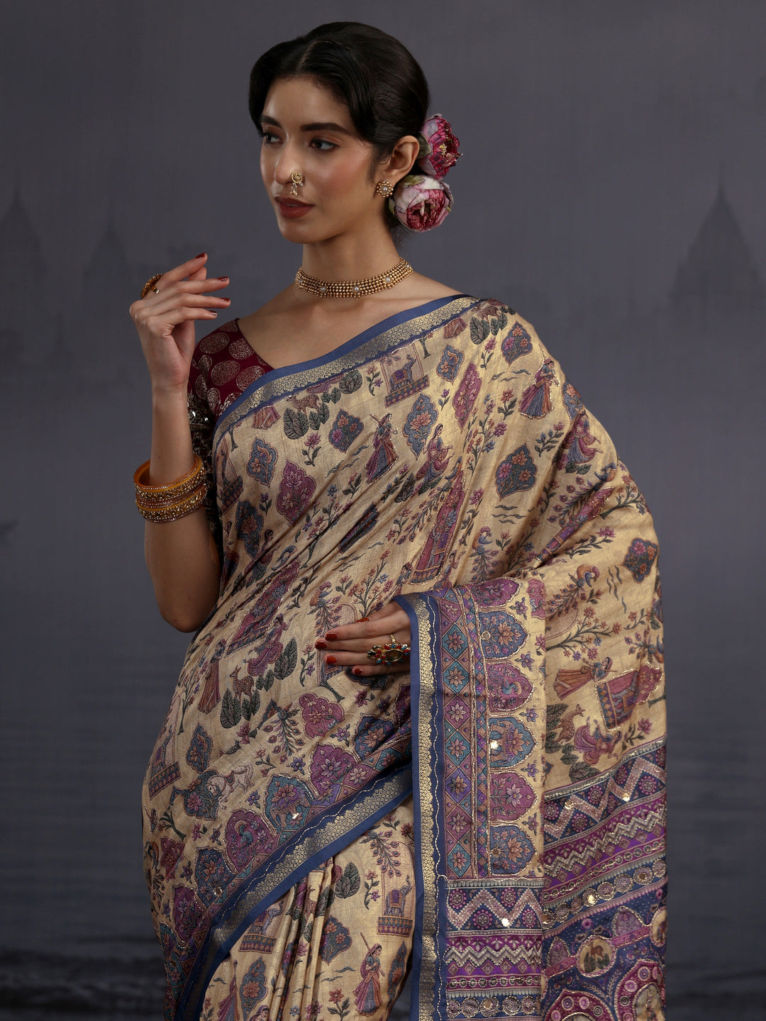 Libas Beige Mughal Printed Silk Blend Saree