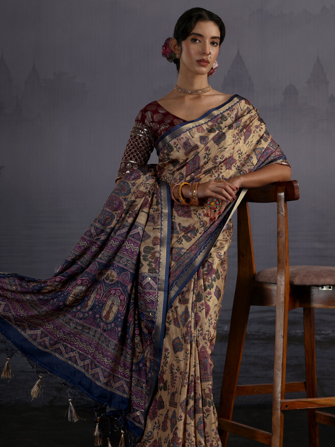 Libas Beige Mughal Printed Silk Blend Saree