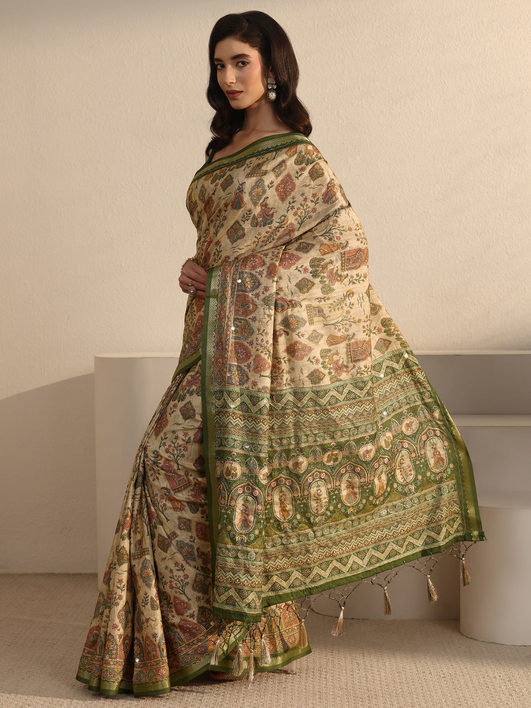 Libas Beige and Green Ethnic Printed Silk Blend Tassel Saree