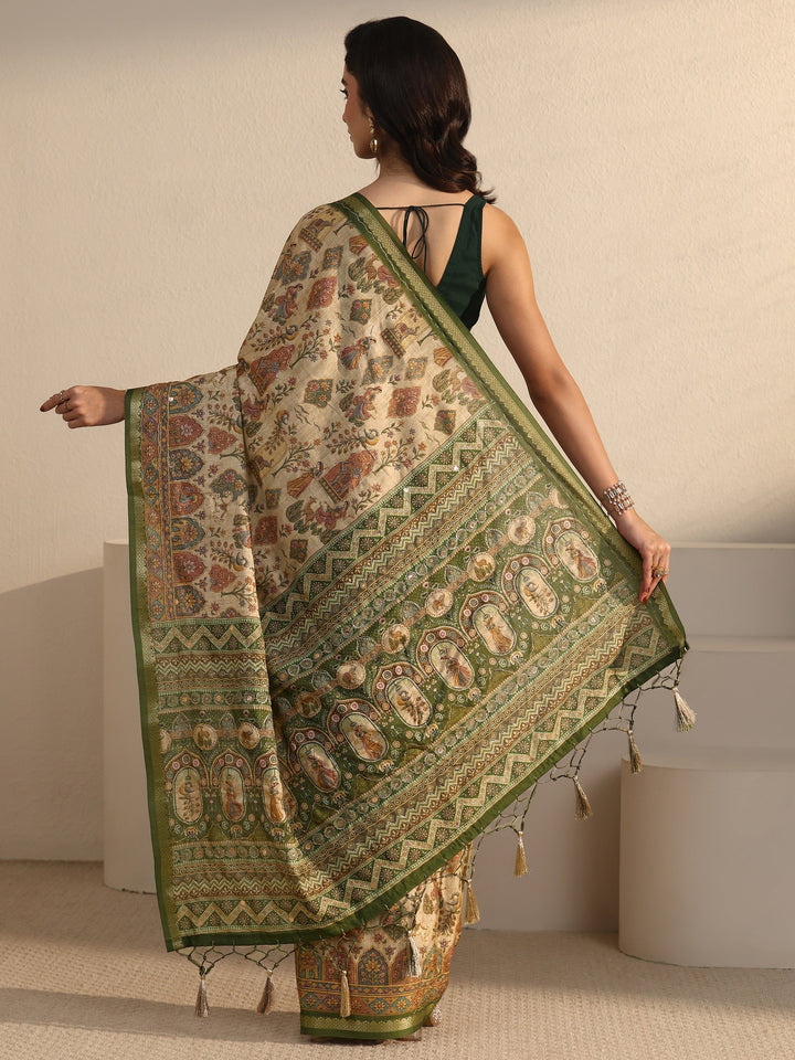 Libas Beige and Green Ethnic Printed Silk Blend Tassel Saree