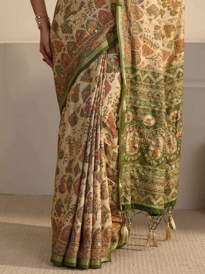 Libas Beige and Green Ethnic Printed Silk Blend Tassel Saree