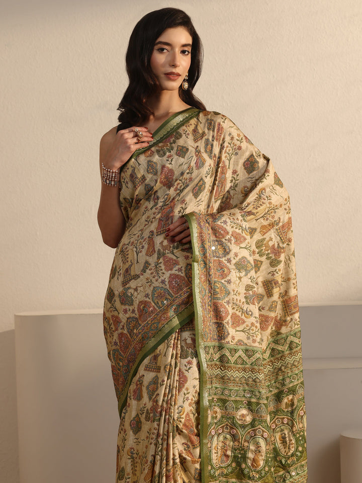 Libas Beige and Green Ethnic Printed Silk Blend Tassel Saree
