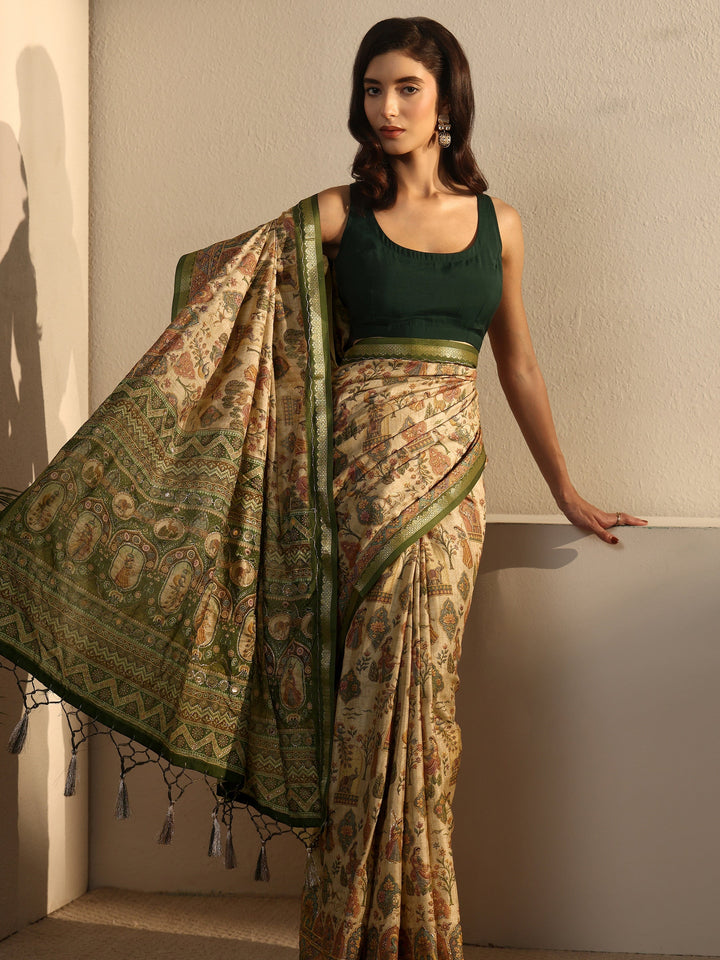 Libas Beige and Green Ethnic Printed Silk Blend Tassel Saree