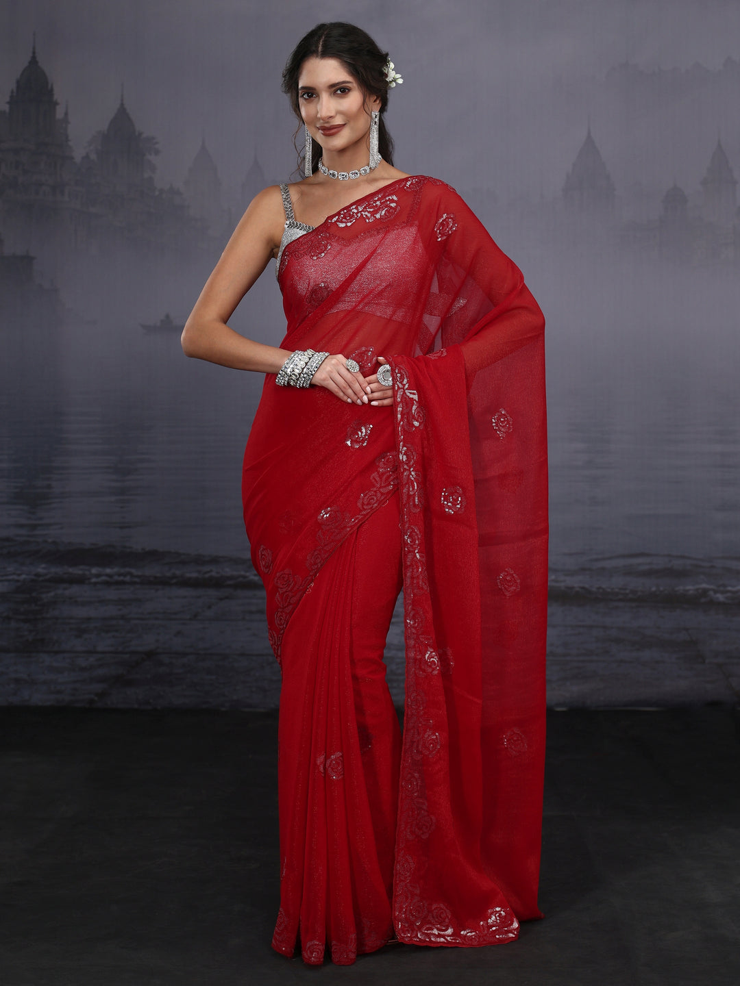 Libas Crimson Red Floral Sequin Embellished Tissue Saree