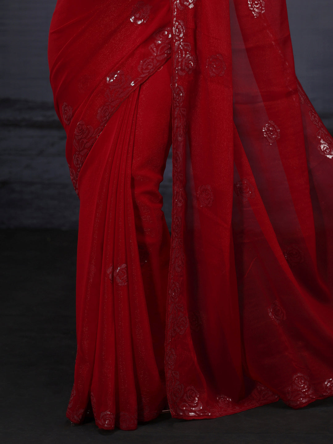 Libas Crimson Red Floral Sequin Embellished Tissue Saree
