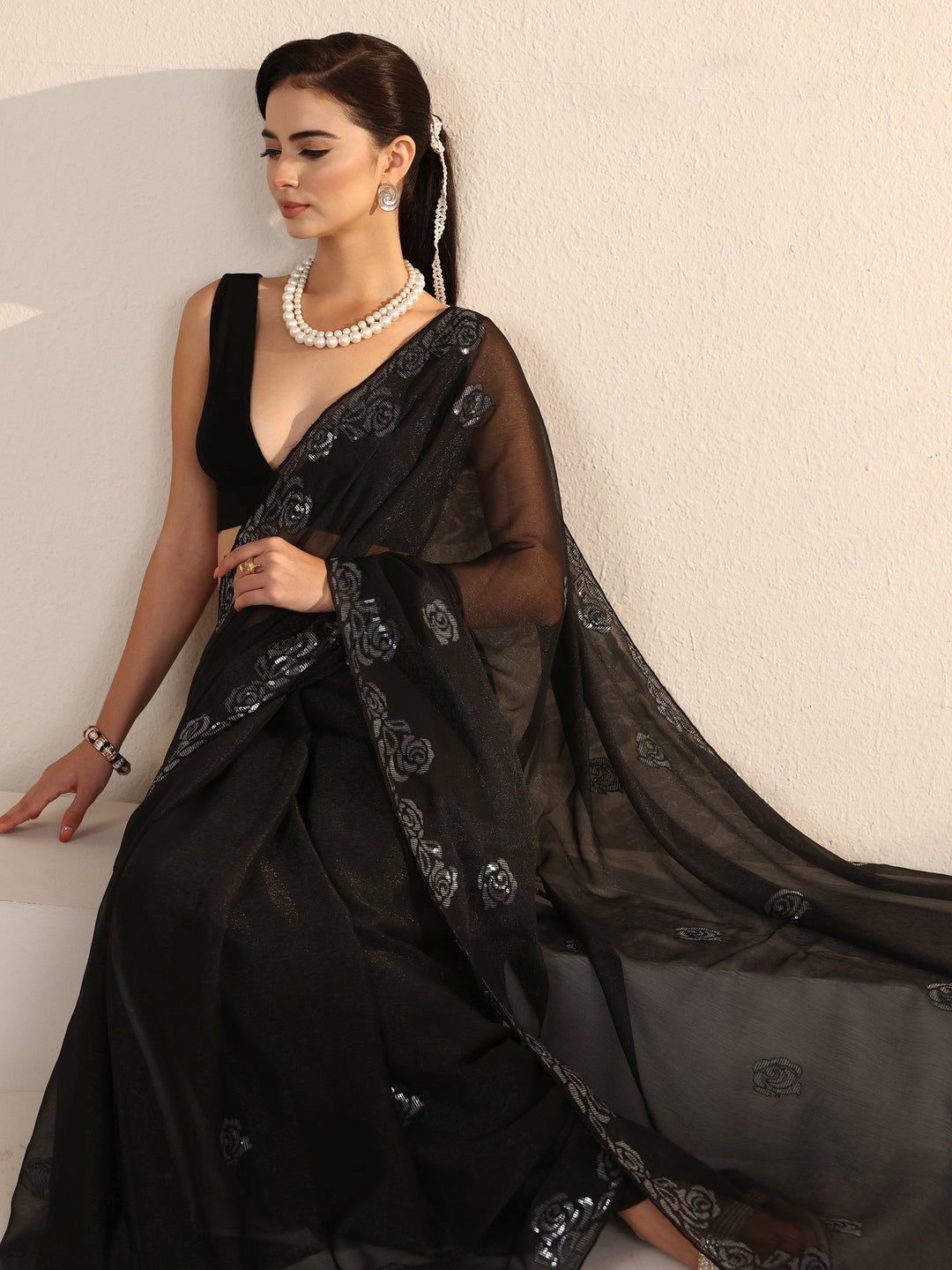 Libas Black Floral Sequin Embellished Tissue Saree