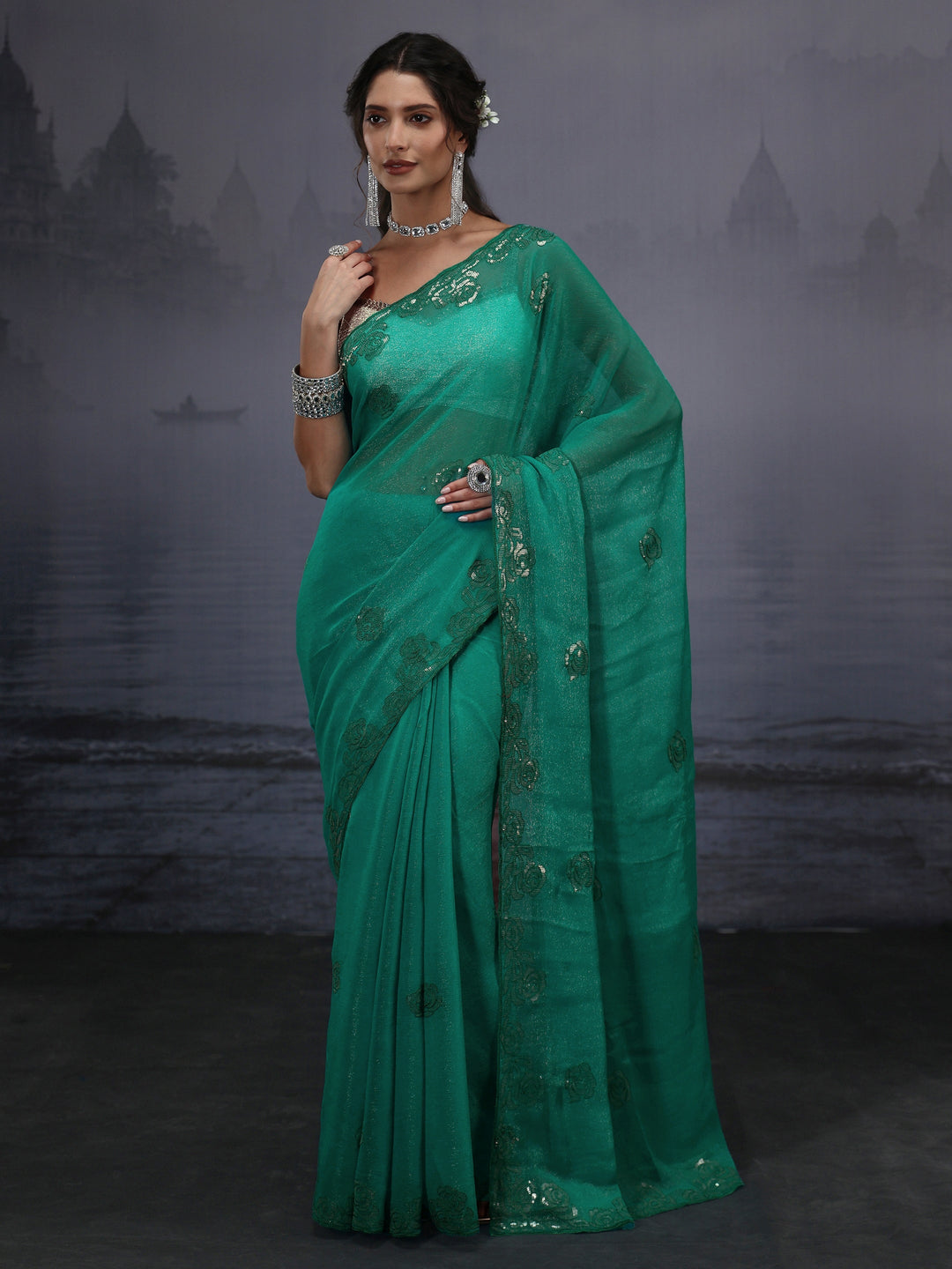 Libas Sea Green Floral Sequin Embellished Tissue Saree