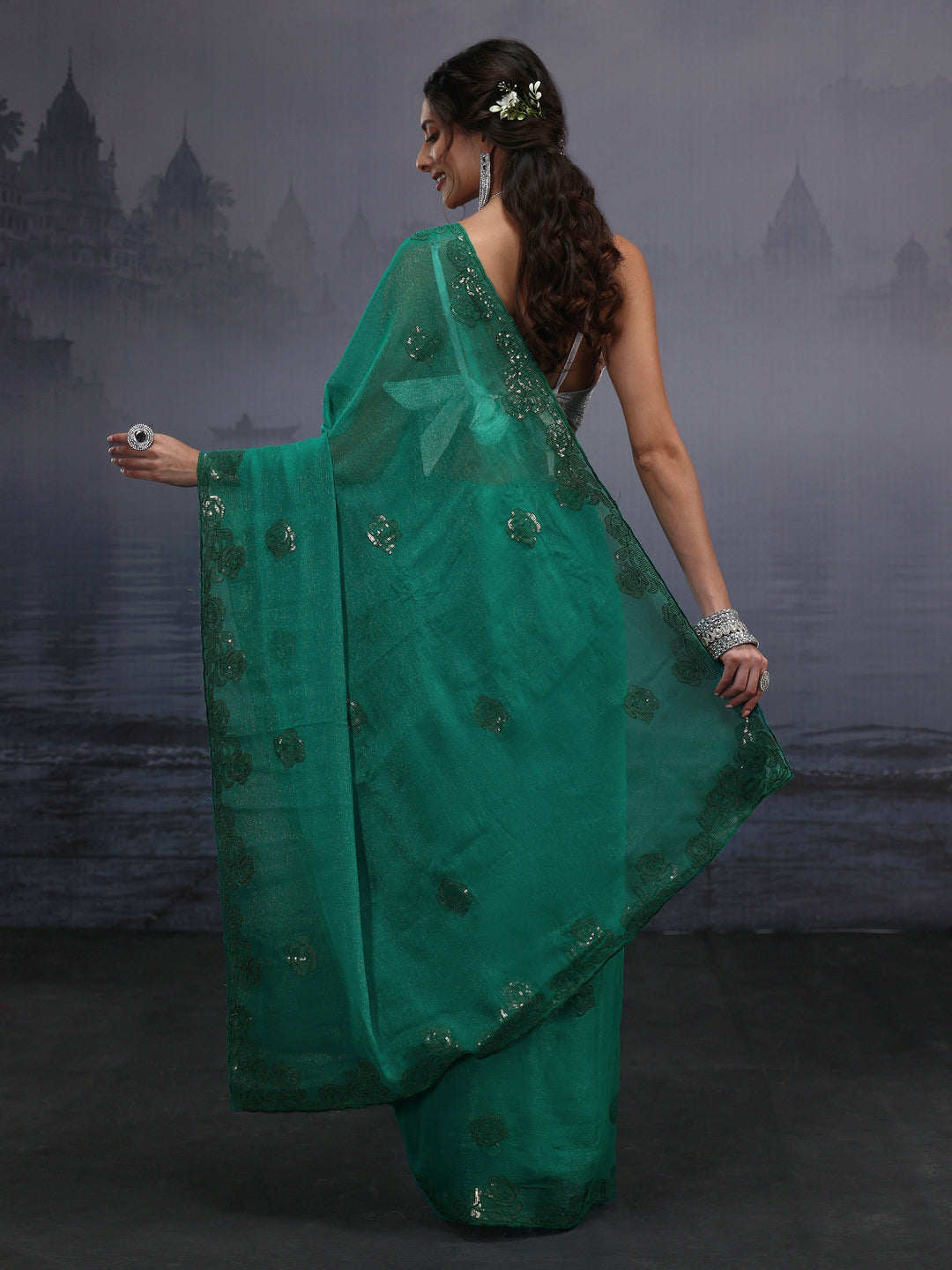 Libas Sea Green Floral Sequin Embellished Tissue Saree