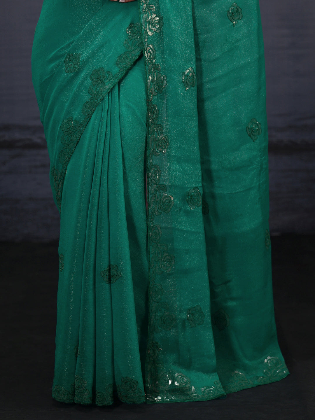Libas Sea Green Floral Sequin Embellished Tissue Saree
