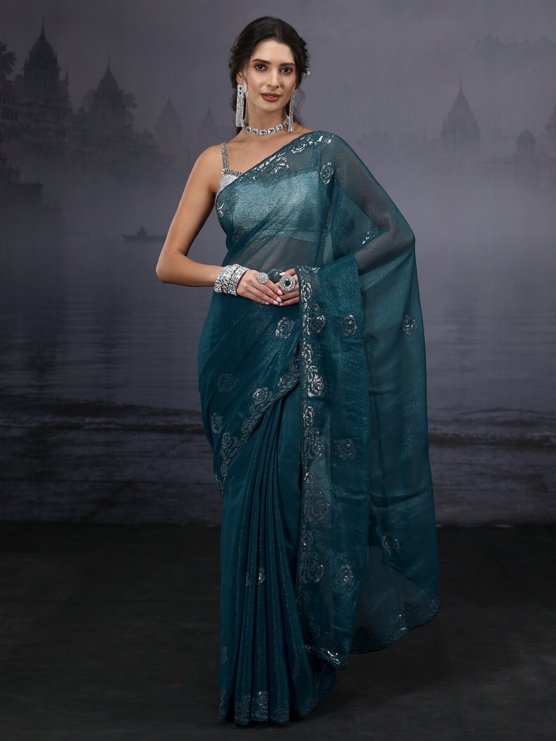 Libas Navy Blue Floral Sequin Embellished Tissue Saree