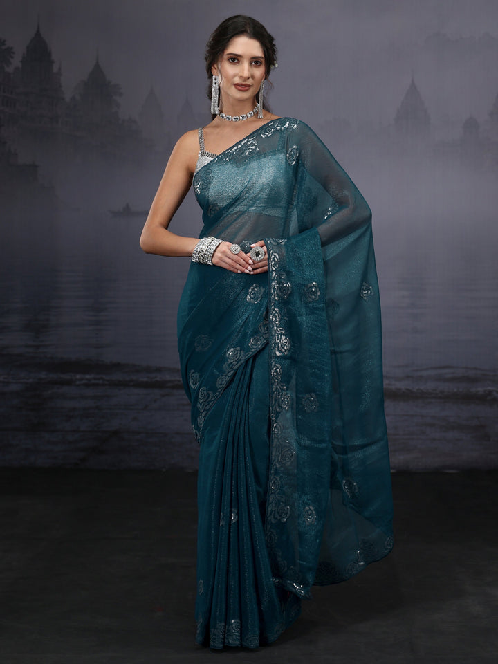 Libas Navy Blue Floral Sequin Embellished Tissue Saree