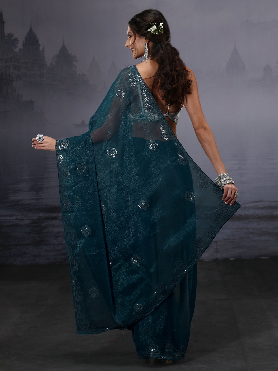 Libas Navy Blue Floral Sequin Embellished Tissue Saree