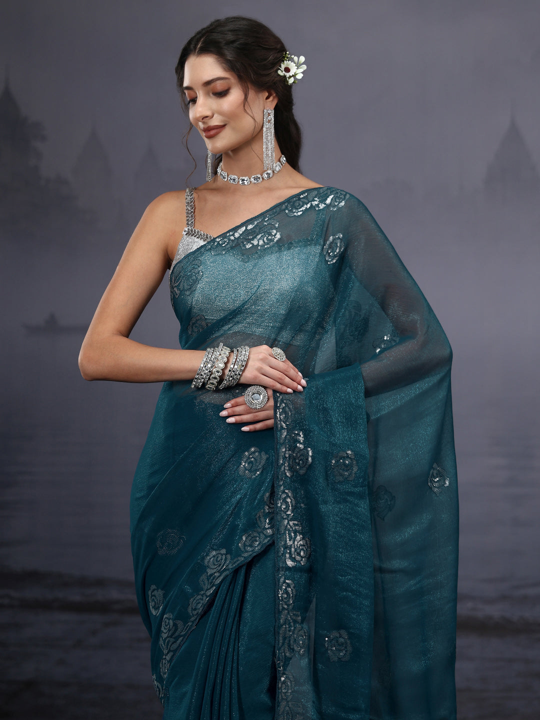 Libas Navy Blue Floral Sequin Embellished Tissue Saree