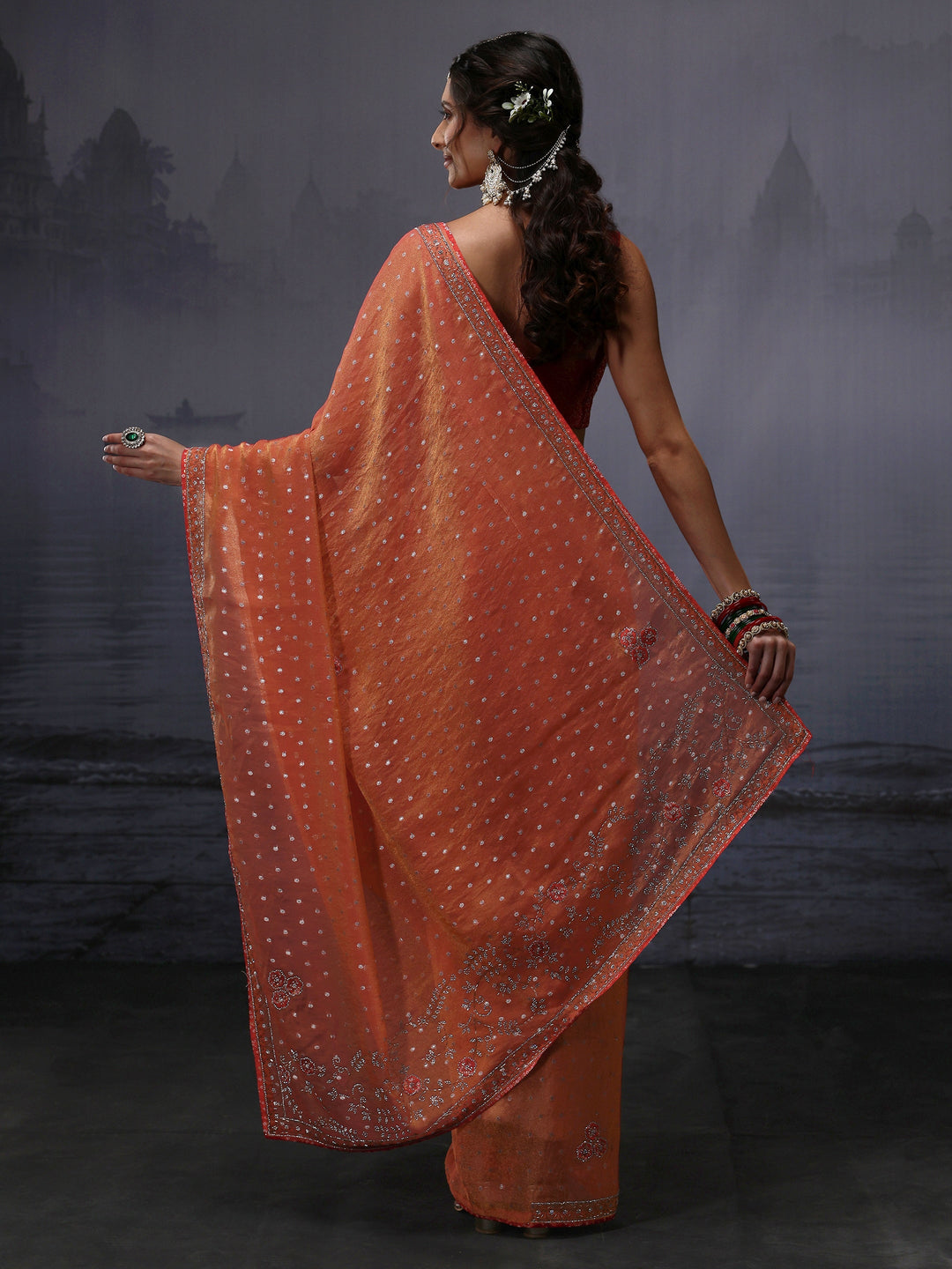 Libas Orange Woven Design Tissue Saree with Stone Work