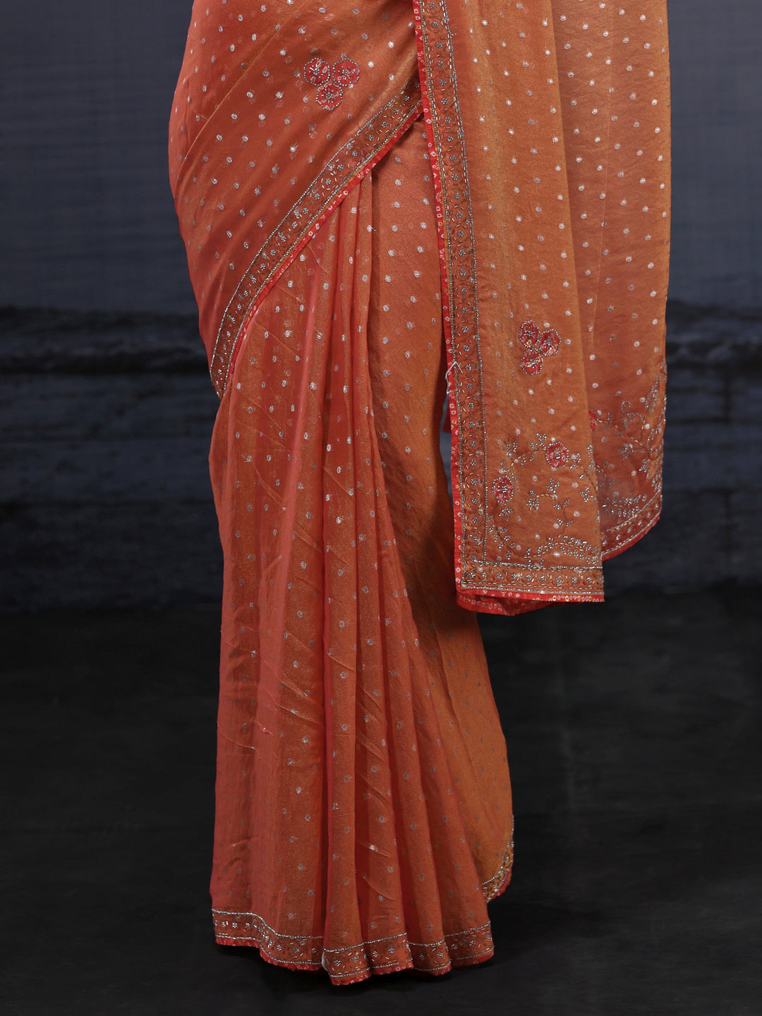 Libas Orange Woven Design Tissue Saree with Stone Work
