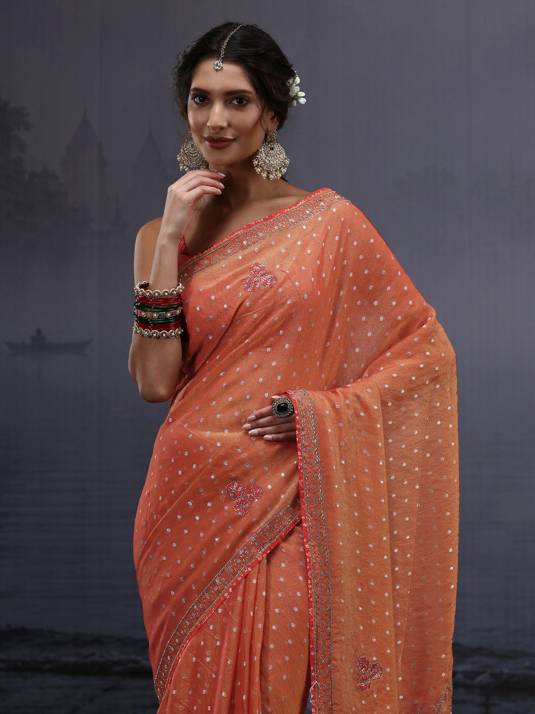 Libas Orange Woven Design Tissue Saree with Stone Work