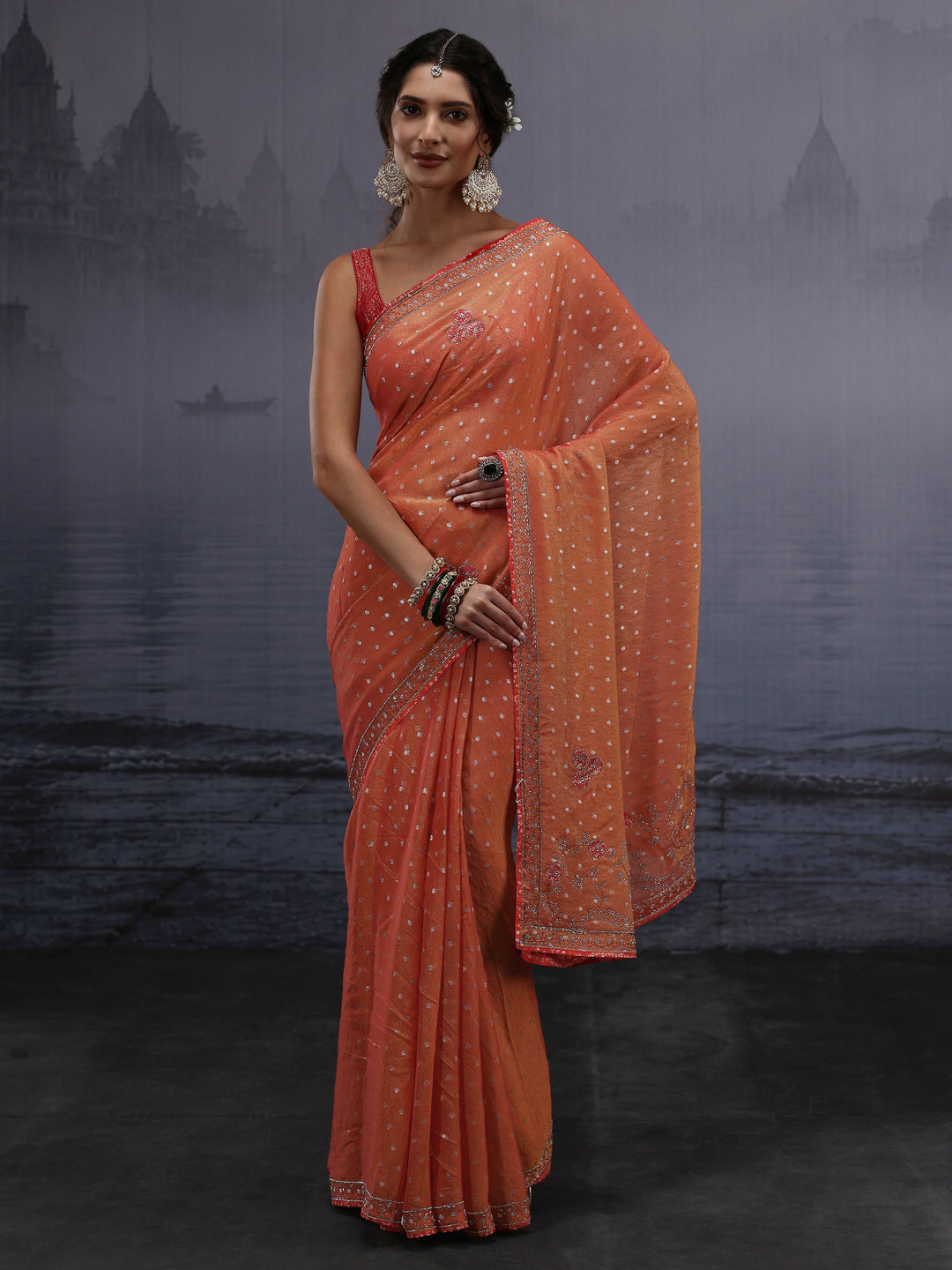 Libas Orange Woven Design Tissue Saree with Stone Work