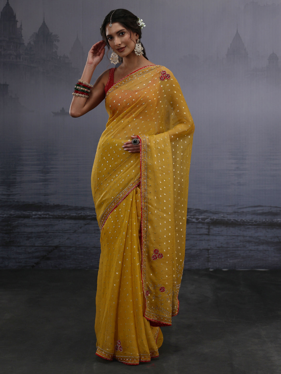 Libas Mustard Woven Design Tissue Saree with Applique Work