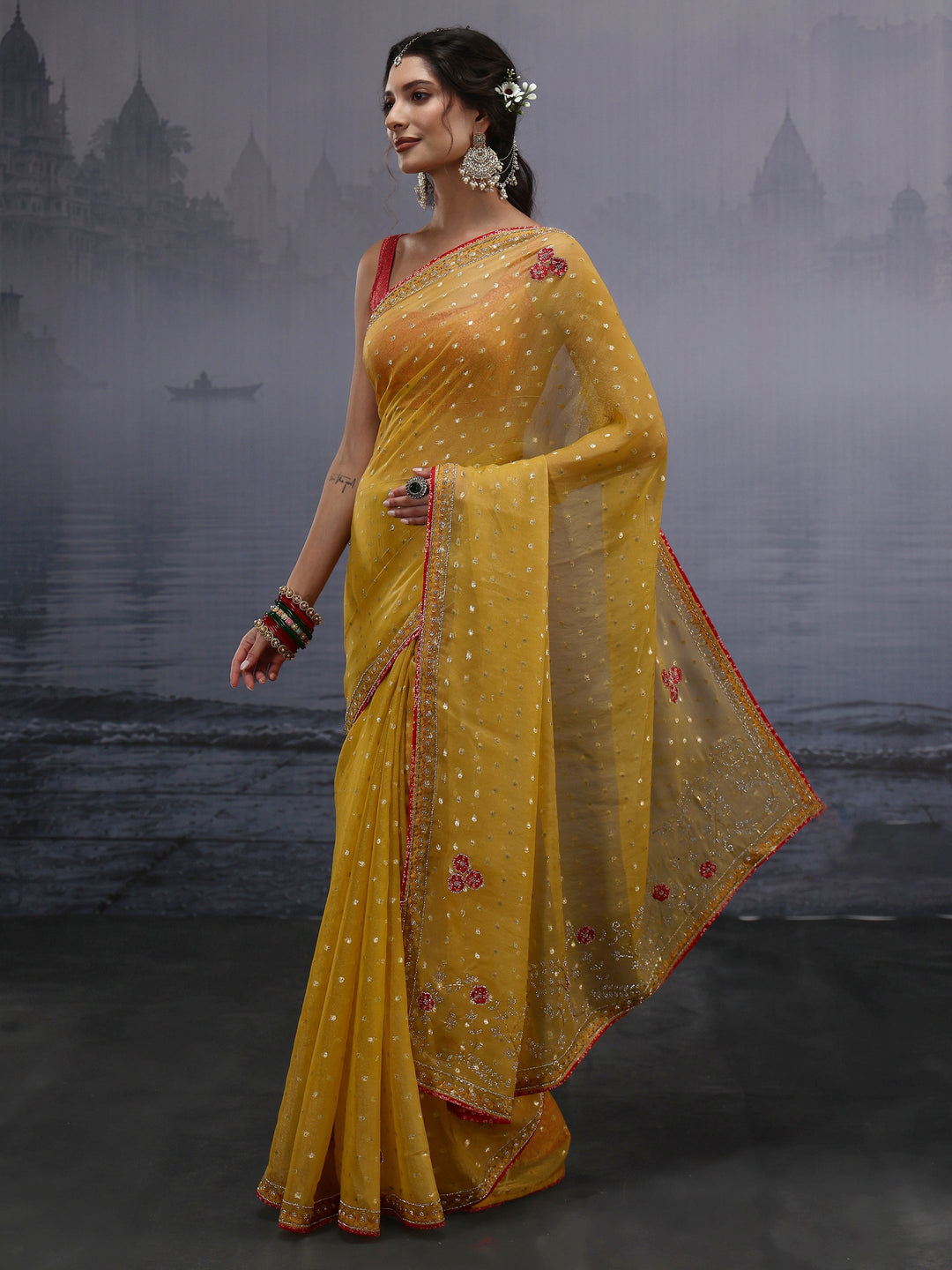 Libas Mustard Woven Design Tissue Saree with Applique Work